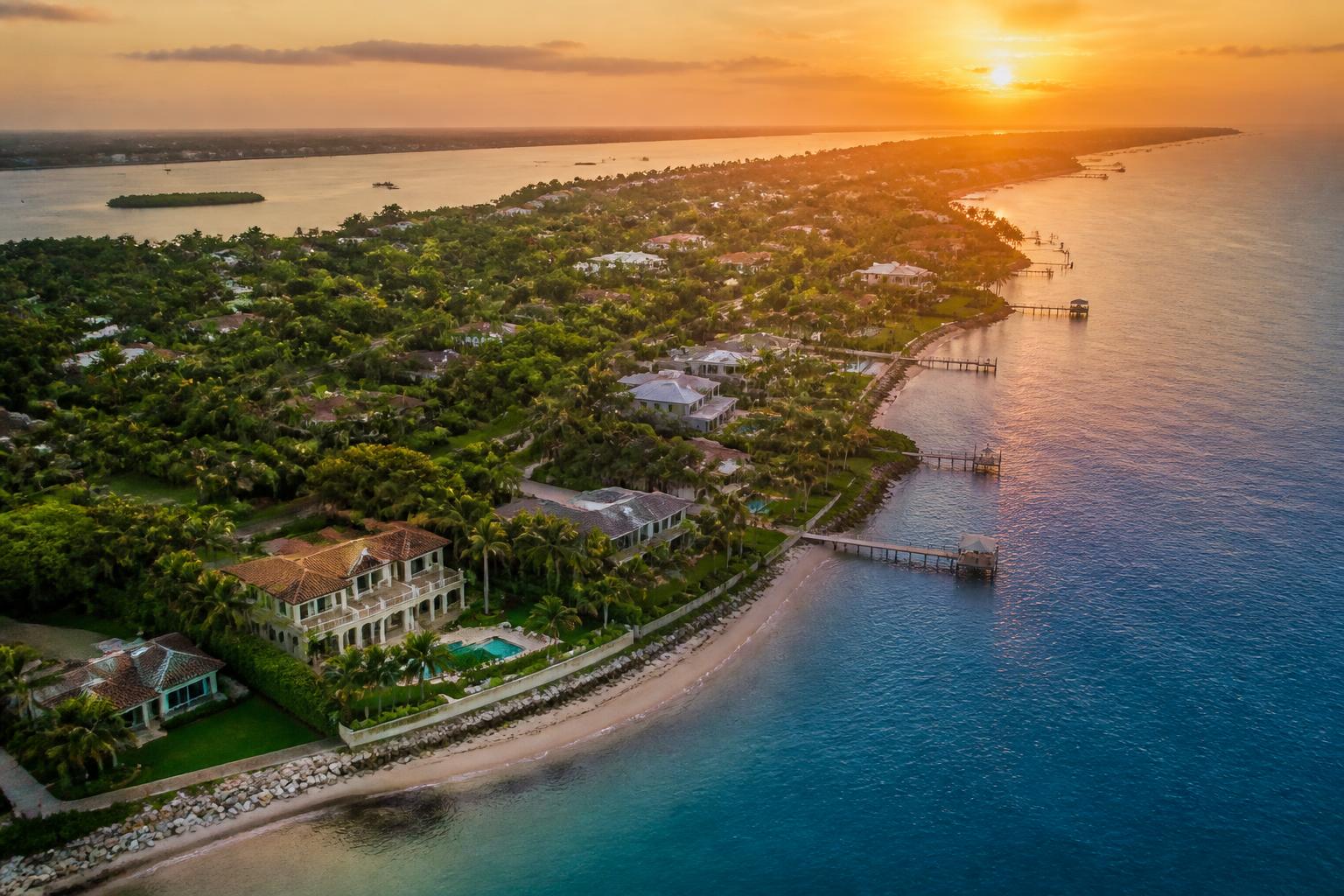 Aerial view of Florida coastal real estate at sunset